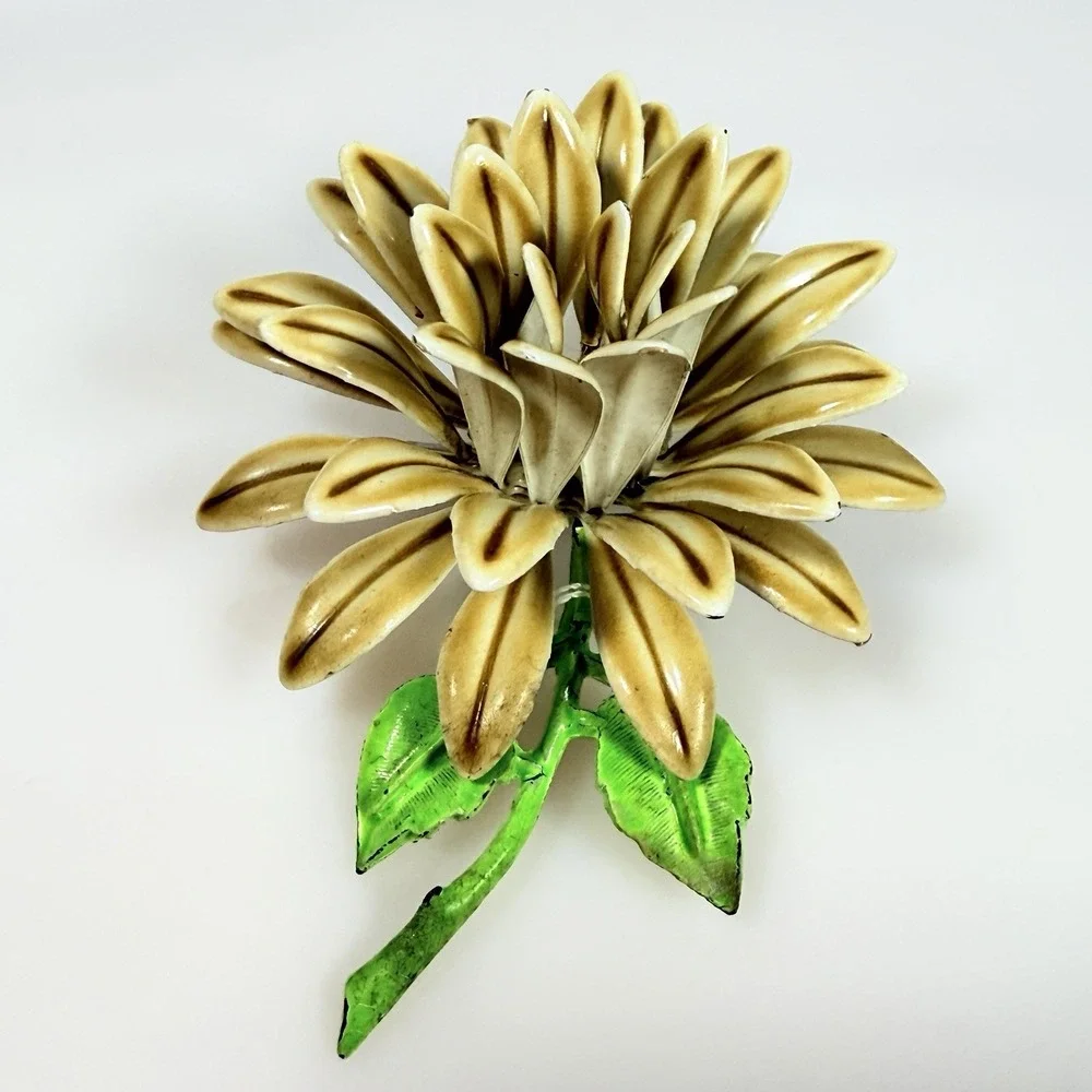 Vintage Enamel Flower Brooch 1960s MOD Earth Tones 3 inches